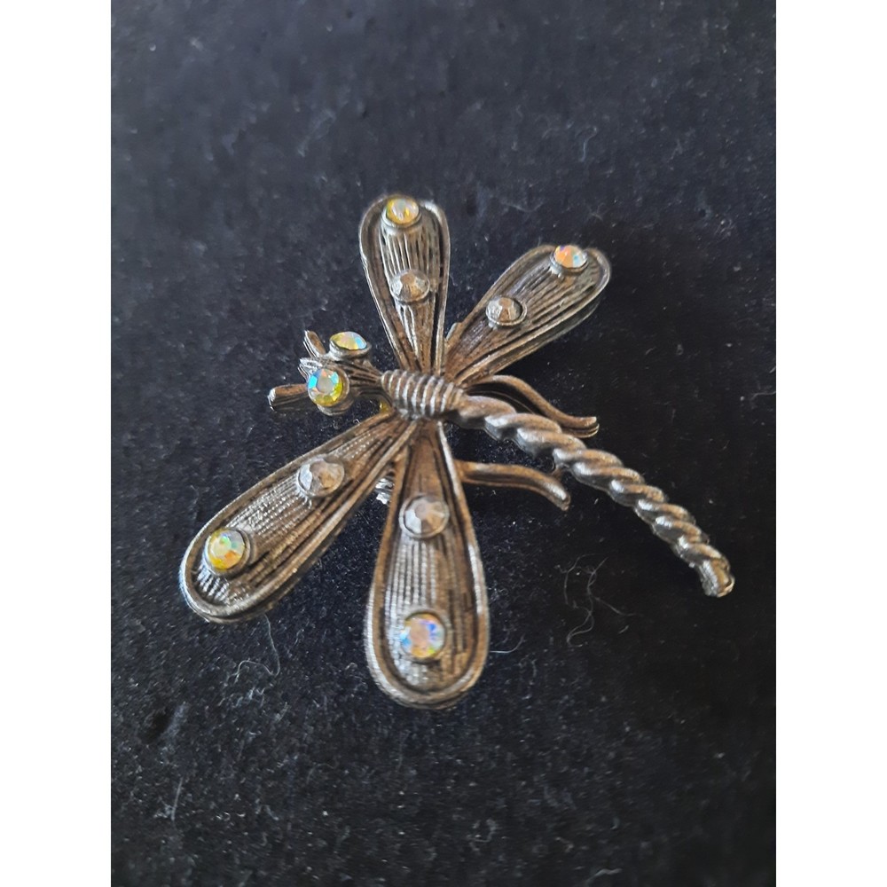 Dragonfly Pin Silver Tone Metal Rhinestones